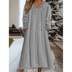 Ladies maxi dress made of teddy fleece with hood, V-neck and side pockets Fashion Glam