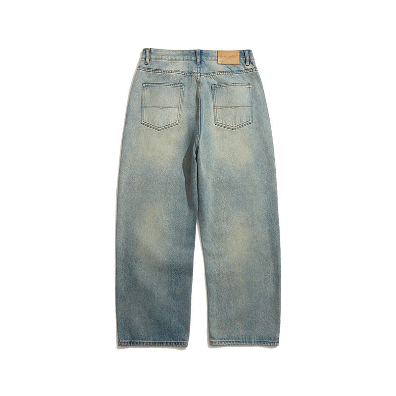 Men's Wide Cropped Baggy Jeans with High Waist and Vintage Wash Fashion Glam