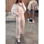 Women's Knit Loungewear Set with Oversized Shoulder, Wide Leg and Drawstring Fashion Glam