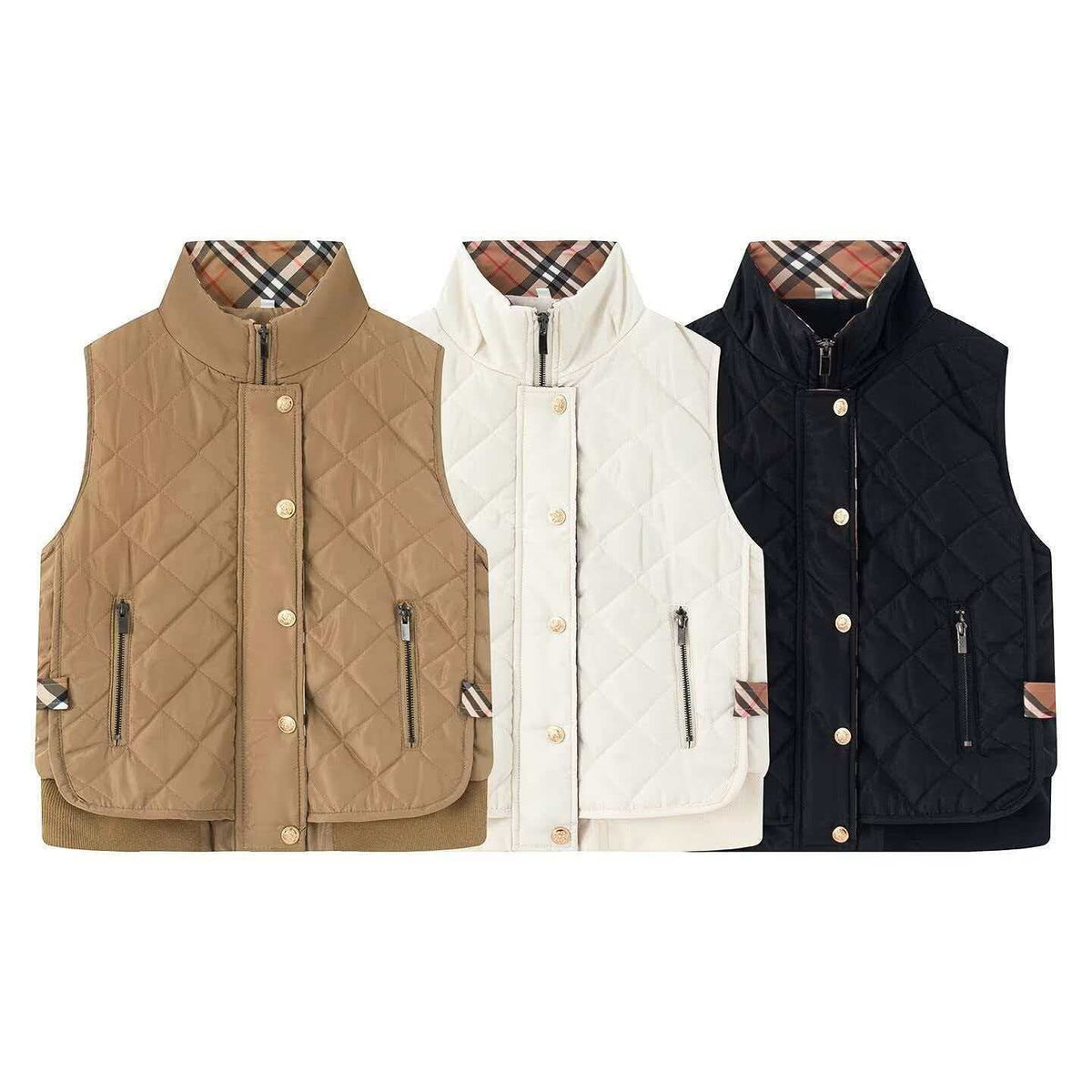 Women's Quilted Sleeveless Bodywarmer with Stand-Up Collar, Zipper, Snap Button Placket and Ribbed Hem Fashion Glam