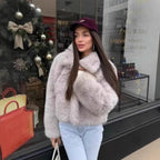 Women's Short-Cut Faux Fur Blouson with Voluminous Shawl Collar and Dense Pile Fashion Glam