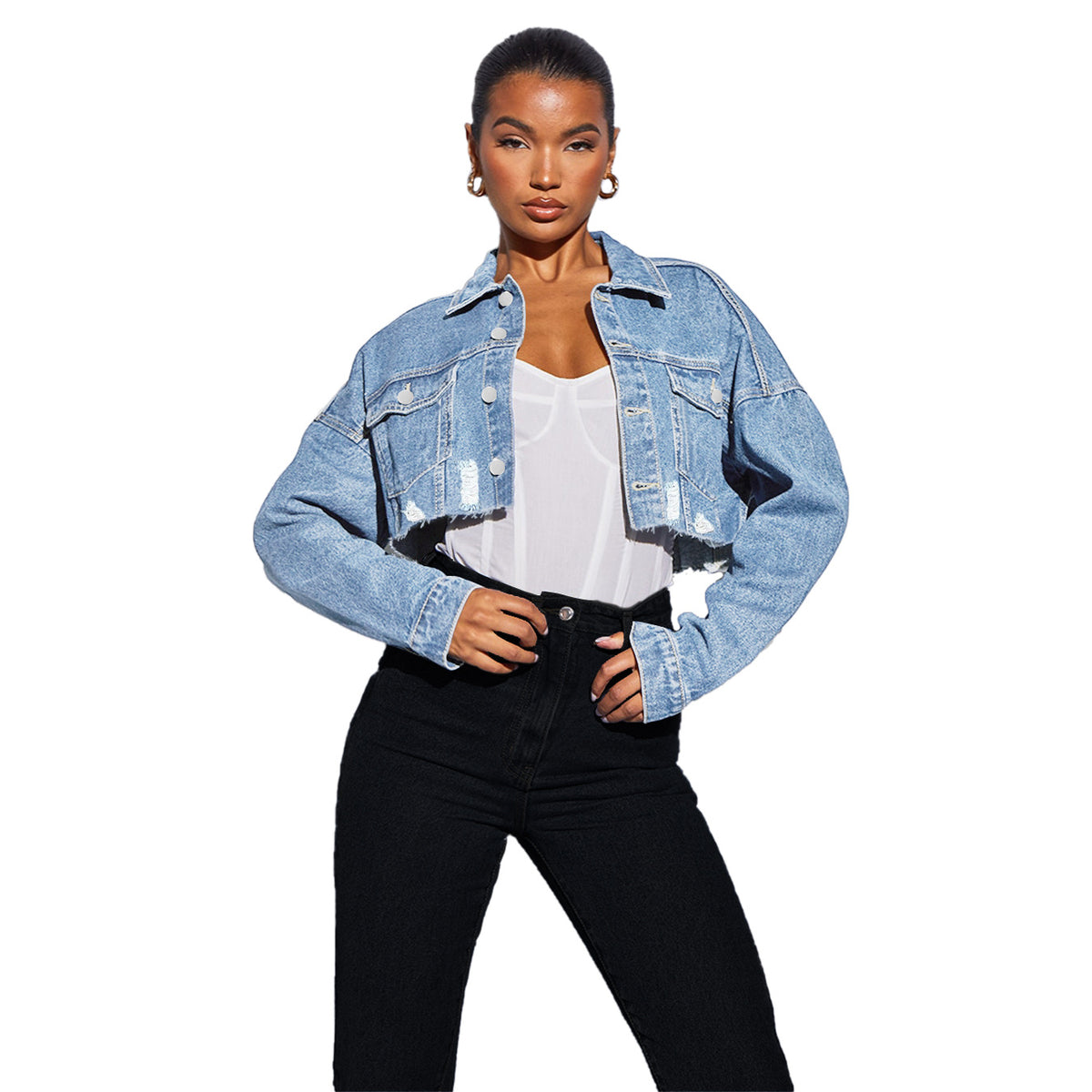Women Short-Cut Cropped Denim Jacket with Raw Edge and Oversize Sleeves Fashion Glam