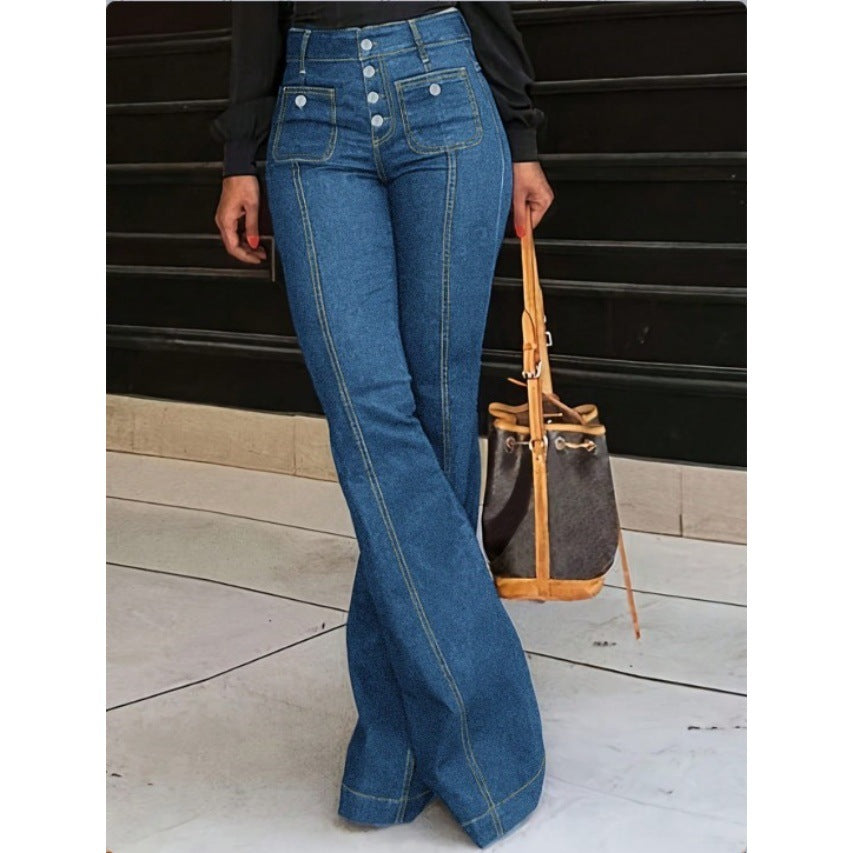 Ladies High-Waisted Flared Jeans with visible center seam, button closure, and patch front pockets Fashion Glam