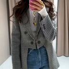 Women's Tailored Houndstooth Blazer with Tail and Lapel Collar Fashion Glam
