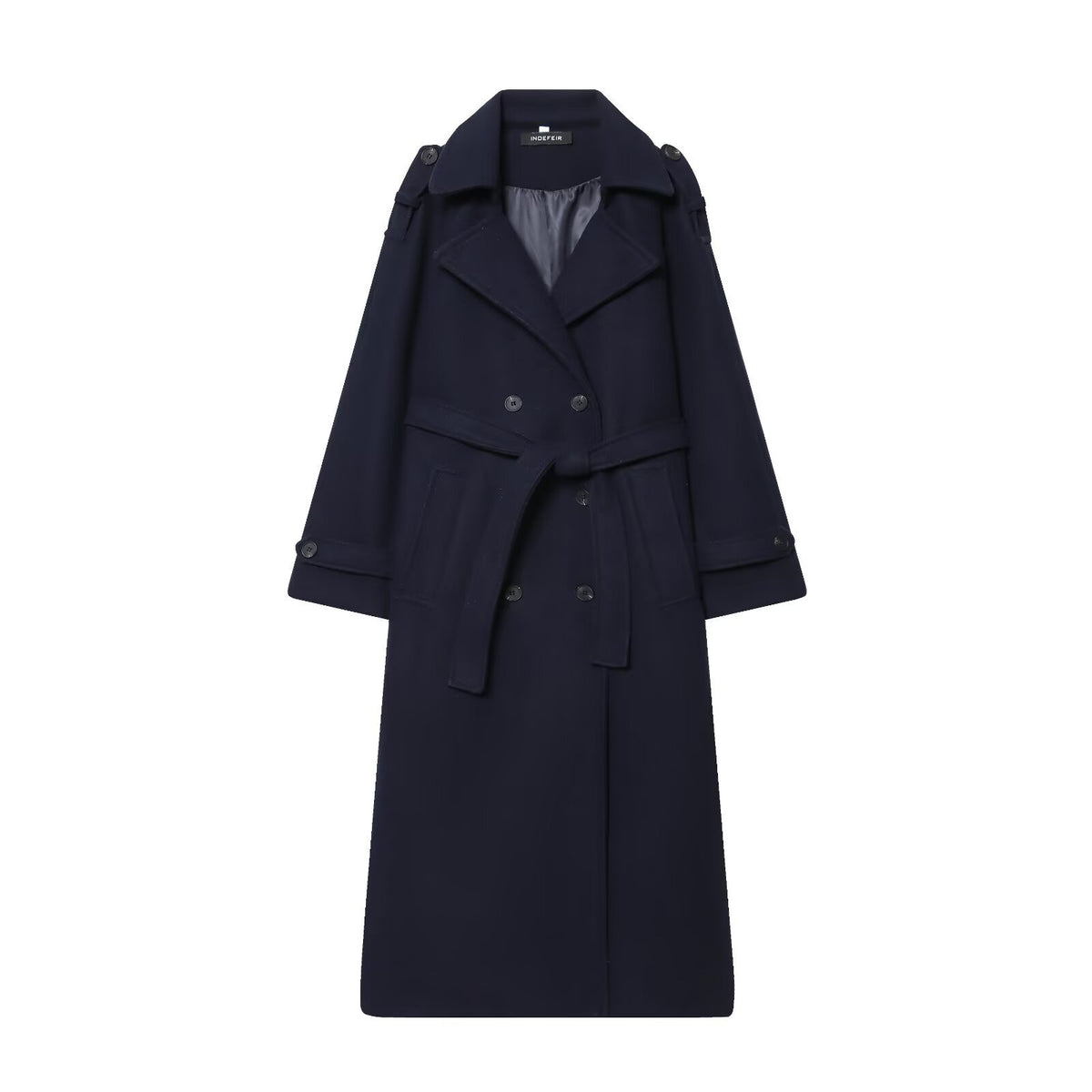 Women Long Double-breasted Trench Coat with Belt and Shoulder Straps Fashion Glam