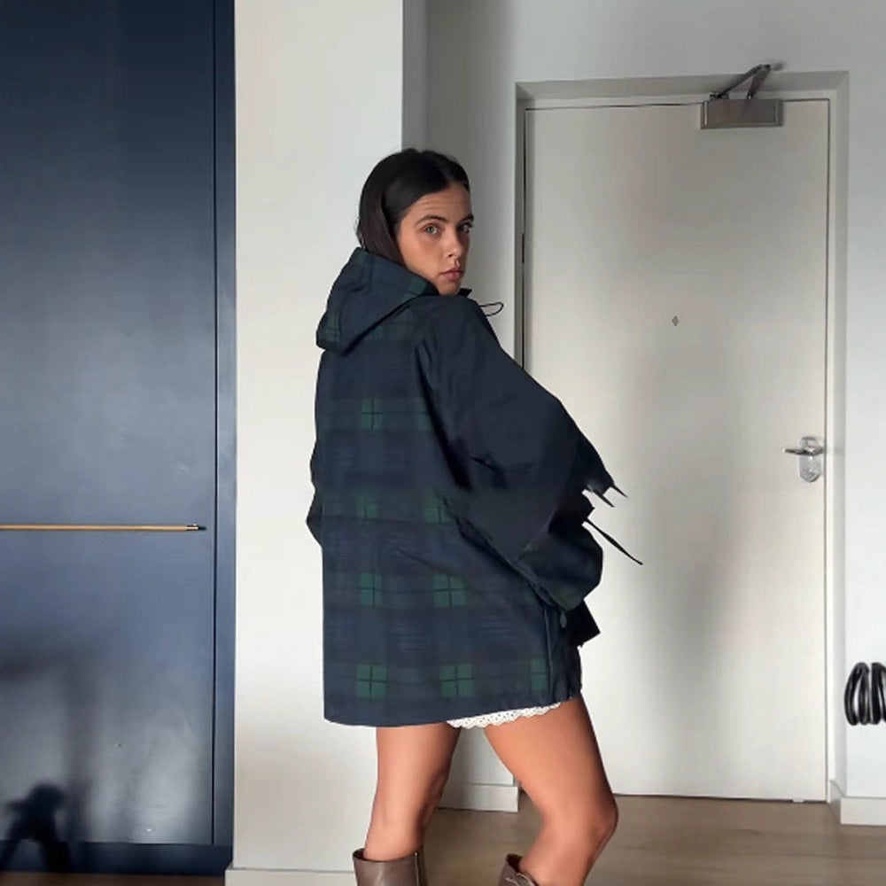 Women's Oversized Jacket in Casual Check Design with Practical Pockets and Waist Drawstring Fashion Glam
