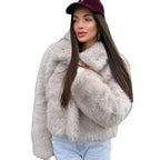 Women's Short-Cut Faux Fur Blouson with Voluminous Shawl Collar and Dense Pile Fashion Glam