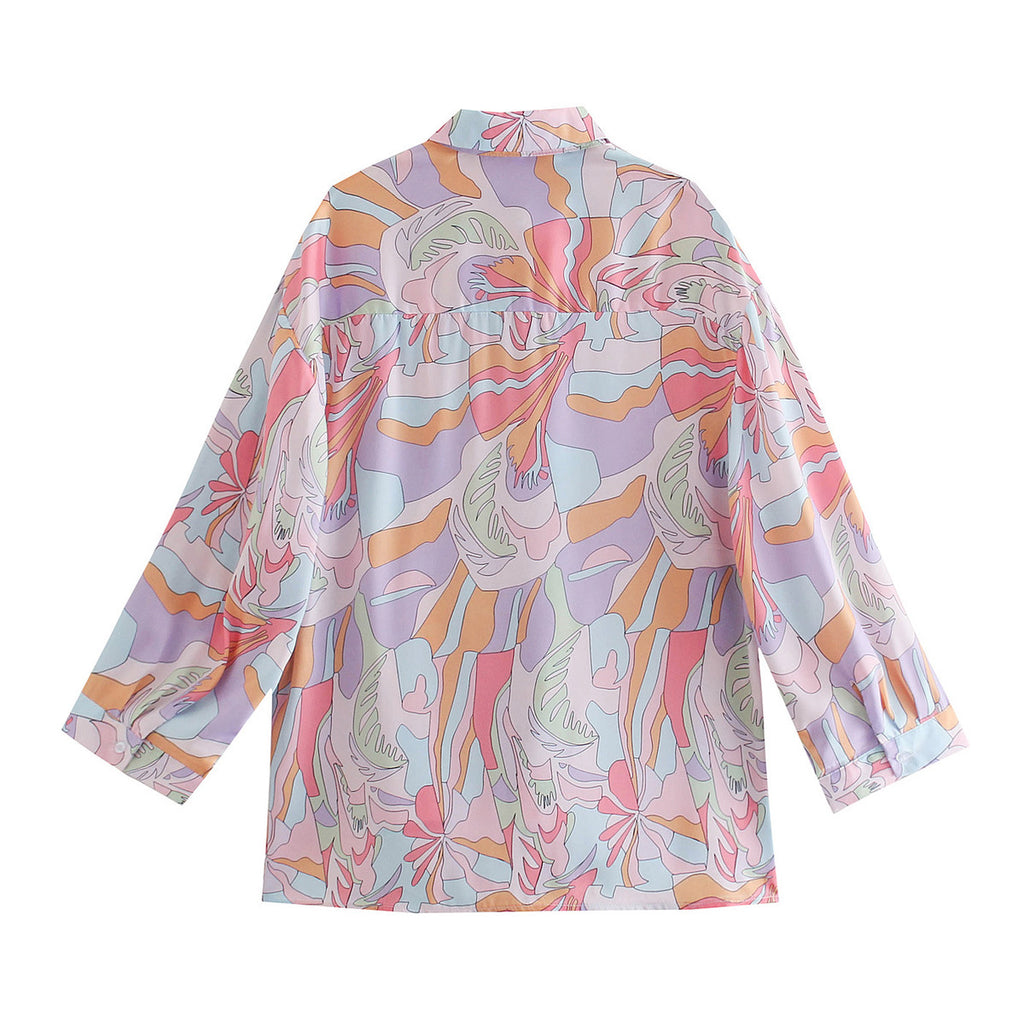 Women Oversize Shirt Blouse with Abstract Allover Print, Lightweight Chiffon Top, Long Sleeves Fashion Glam