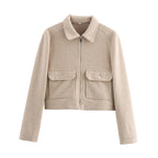 Ladies short jacket in boxy wool blend with zipper and patch flap pockets Fashion Glam