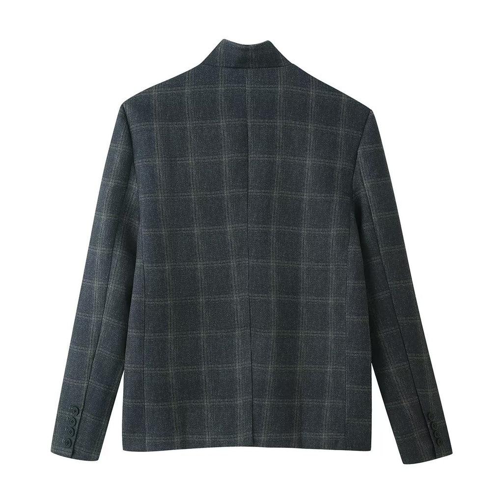 Women's box blazer with stand-up collar, asymmetric single-button placket and fine checked pattern Fashion Glam