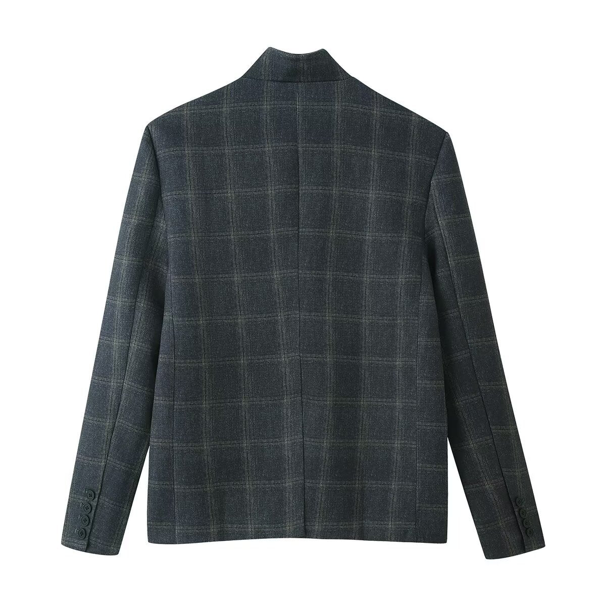 Women's box blazer with stand-up collar, asymmetric single-button placket and fine checked pattern Fashion Glam