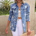 Women’s Longer Denim Jacket with Floral Allover Print, Chest Flap Pockets, and Casual Oversized Fit Fashion Glam