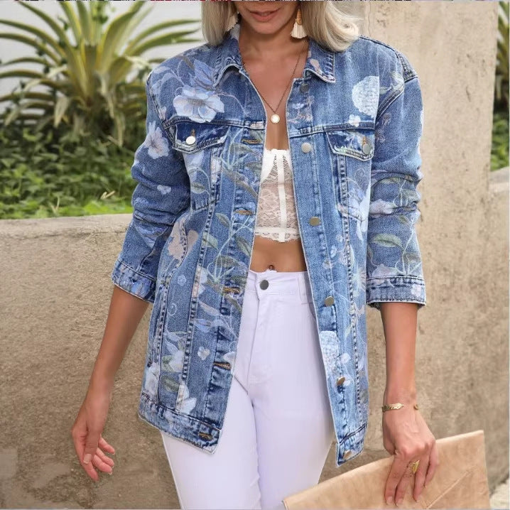 Women’s Longer Denim Jacket with Floral Allover Print, Chest Flap Pockets, and Casual Oversized Fit Fashion Glam