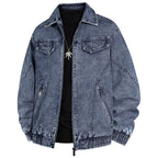 Men's Oversized Jeans Bomber Jacket with Stone Wash, Zipper and Ribbed Hem Fashion Glam