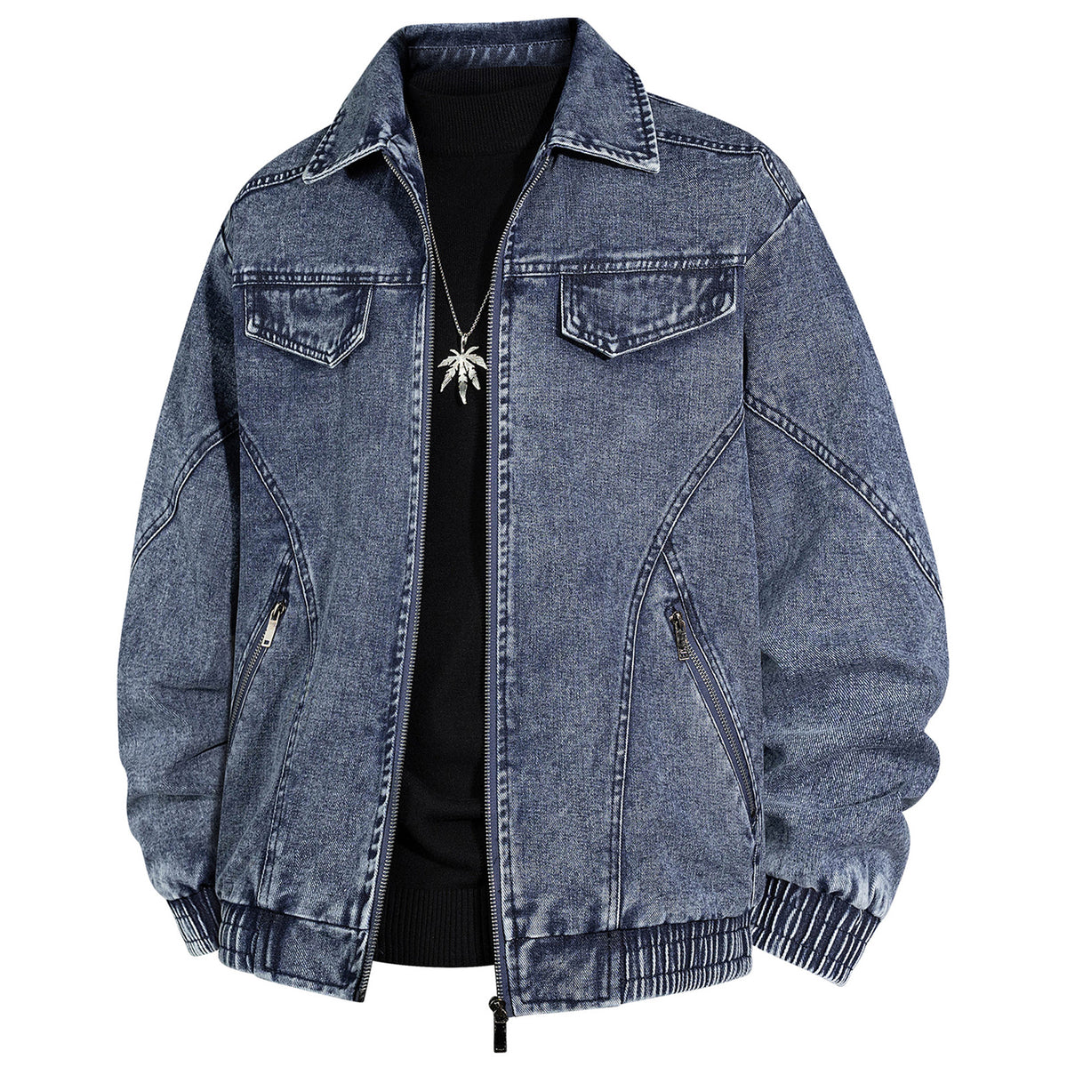 Men's Oversized Jeans Bomber Jacket with Stone Wash, Zipper and Ribbed Hem Fashion Glam