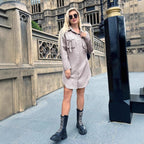 Women Oversized Shirt Dress with Flap Pockets and Curved Hem Fashion Glam