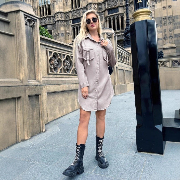 Women Oversized Shirt Dress with Flap Pockets and Curved Hem Fashion Glam