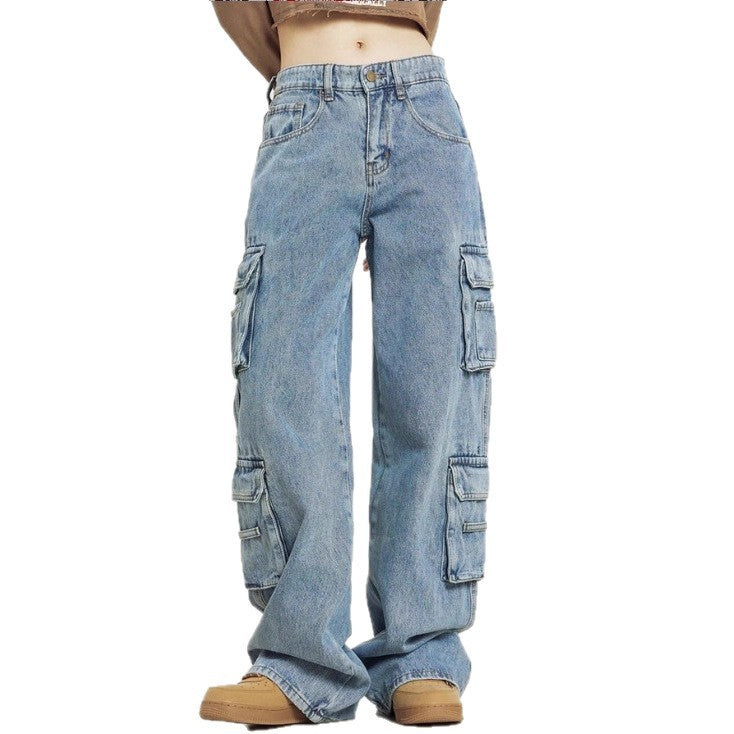 Women's High-Cut Baggy Cargo Jeans with Multiple Utility Pockets Fashion Glam