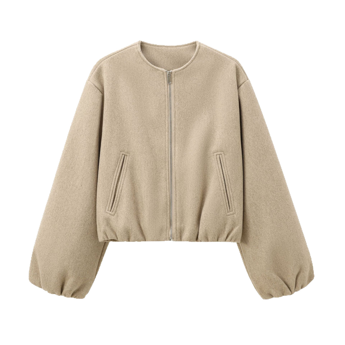 Women's Short Wool Blend Bomber with Round Neck, Zipper and Elastic Hem Fashion Glam