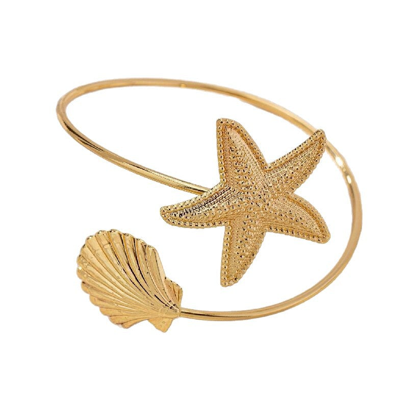 Women Open Bangle with Maritime Star and Shell Design Fashion Glam