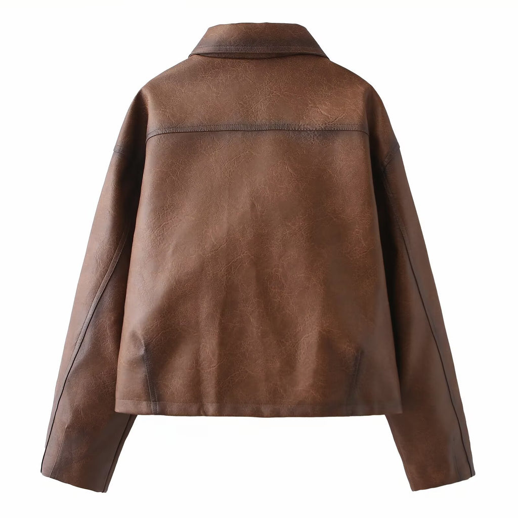Women's Short Oversized Faux Leather Jacket with Shirt Collar and Flap Pockets Fashion Glam