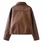 Women's Short Oversized Faux Leather Jacket with Shirt Collar and Flap Pockets Fashion Glam