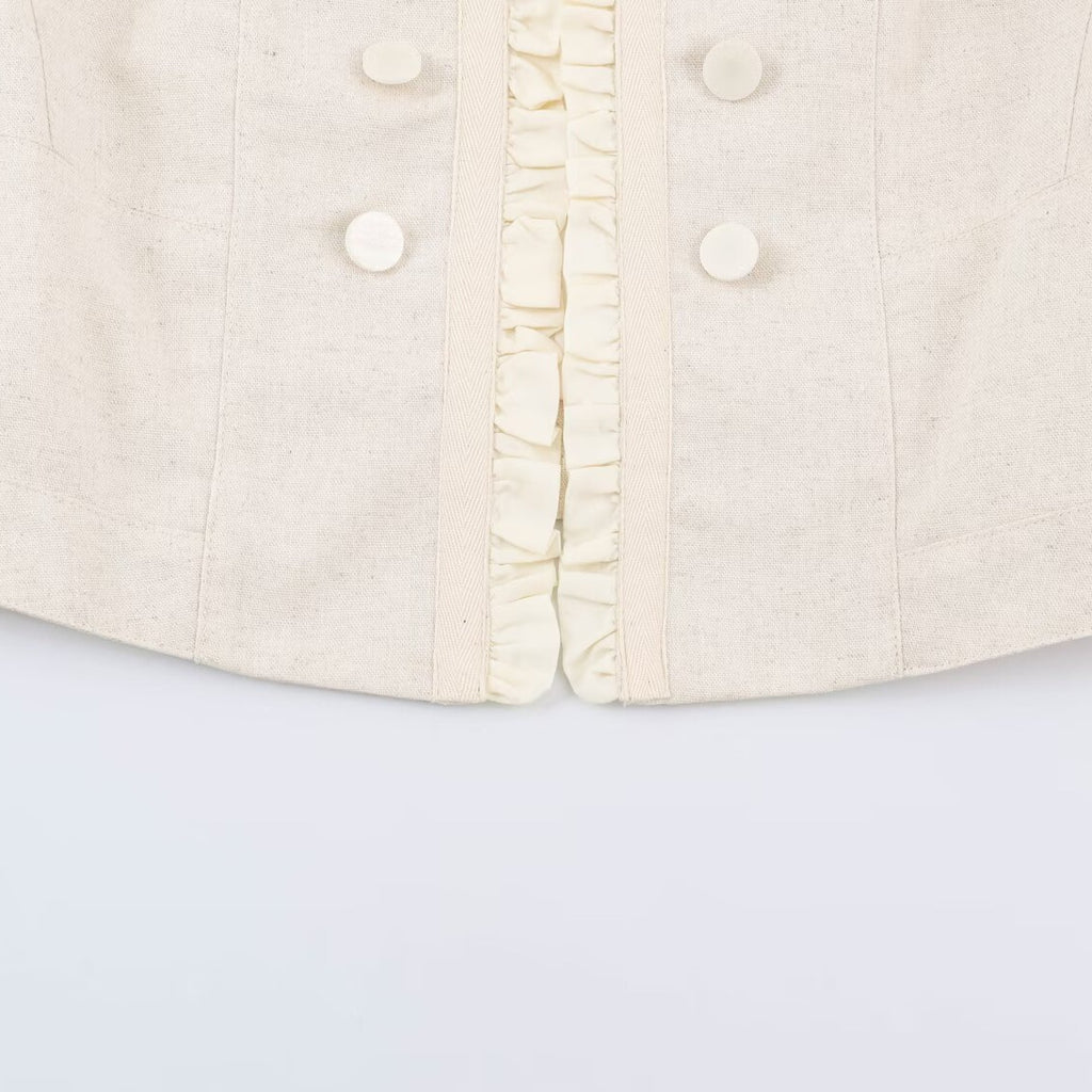 Women's Cropped Tailored Jacket with Stand-Up Collar Ruffle Trim and Decorative Buttons Fashion Glam