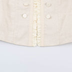 Women's Cropped Tailored Jacket with Stand-Up Collar Ruffle Trim and Decorative Buttons Fashion Glam