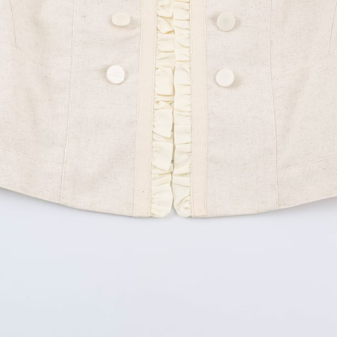 Women's Cropped Tailored Jacket with Stand-Up Collar Ruffle Trim and Decorative Buttons Fashion Glam