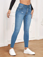 Women's High-Waisted Super Stretch Skinny Jeans with Sculpting V Waistband and Visible Button Placket Fashion Glam