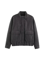 Ladies Boxy Wool Blend Blouson Jacket with Stand-Up Collar, Large Flap Pockets and Elastic Hem Fashion Glam