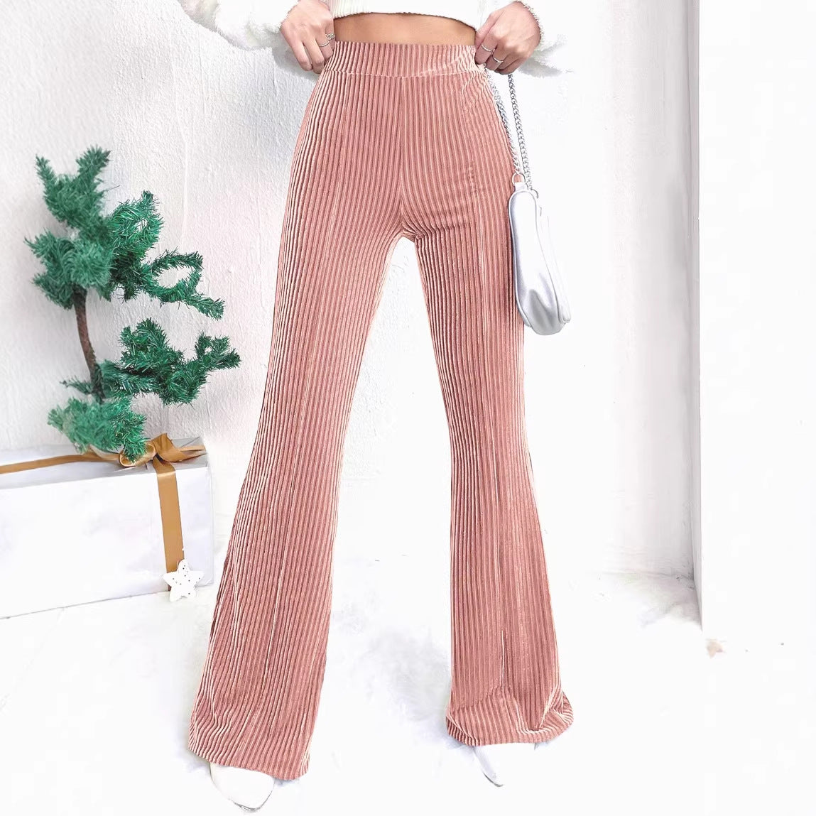 Women's High-Waisted Velvet Corduroy Pants with Pleated Look and Wide Leg Fashion Glam