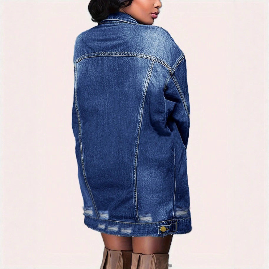 Women's Oversize Longline Denim Jacket with Distressed Details and Flap Pockets Fashion Glam