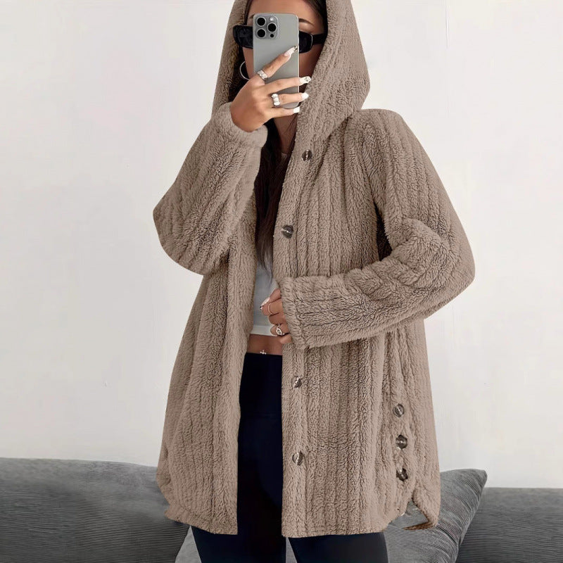 Women's Hooded Teddy Coat with Button Placket and Oversized Fit Fashion Glam
