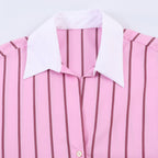 Women’s Oversize Shirt Blouse in Silk Look with Contrast Collar and Vertical Stripe Structure Fashion Glam