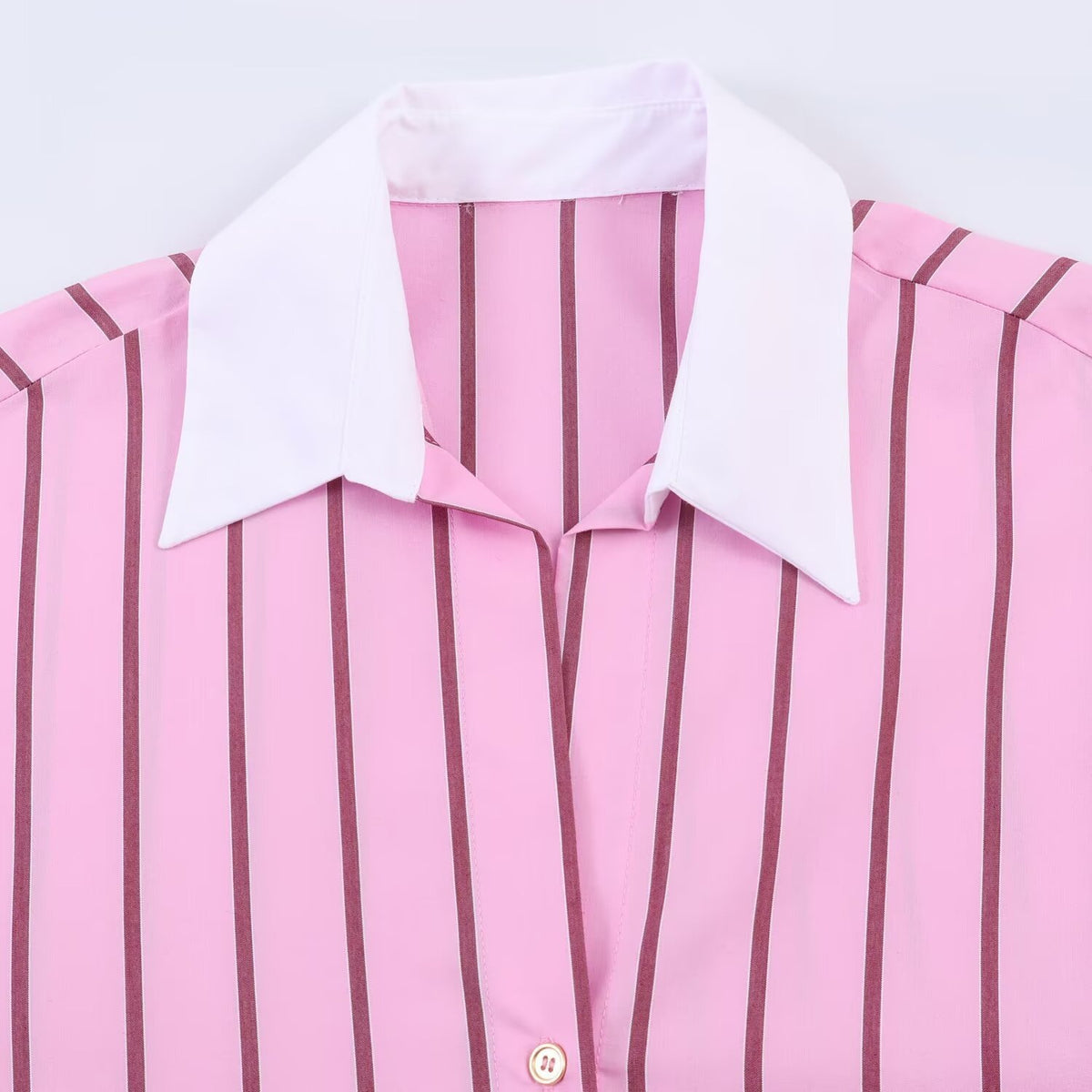 Women’s Oversize Shirt Blouse in Silk Look with Contrast Collar and Vertical Stripe Structure Fashion Glam