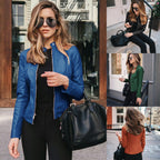 Ladies fitted faux leather biker jacket with stand-up collar and decorative seams Fashion Glam
