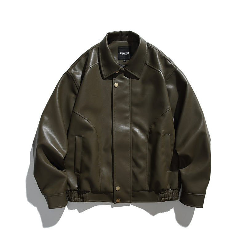 Men's Boxy Faux Leather Bomber Jacket with Concealed Snap Placket, Elastic Hem, and Patch Pockets Fashion Glam