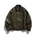 Men's Boxy Faux Leather Bomber Jacket with Concealed Snap Placket, Elastic Hem, and Patch Pockets Fashion Glam