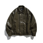 Men's Boxy Faux Leather Bomber Jacket with Concealed Snap Placket, Elastic Hem, and Patch Pockets Fashion Glam