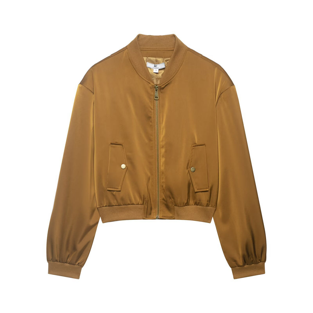 Women Cropped Satin Bomber Jacket with Zipper, Flap Pockets and Ribbed Cuffs Fashion Glam
