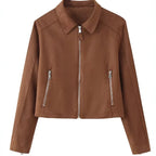 Women's Cropped Suede Jacket with Shirt Collar, Full Metal Zipper and Zipper Pockets Fashion Glam