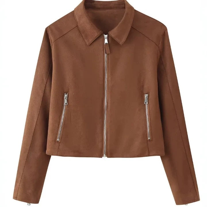Women's Cropped Suede Jacket with Shirt Collar, Full Metal Zipper and Zipper Pockets Fashion Glam