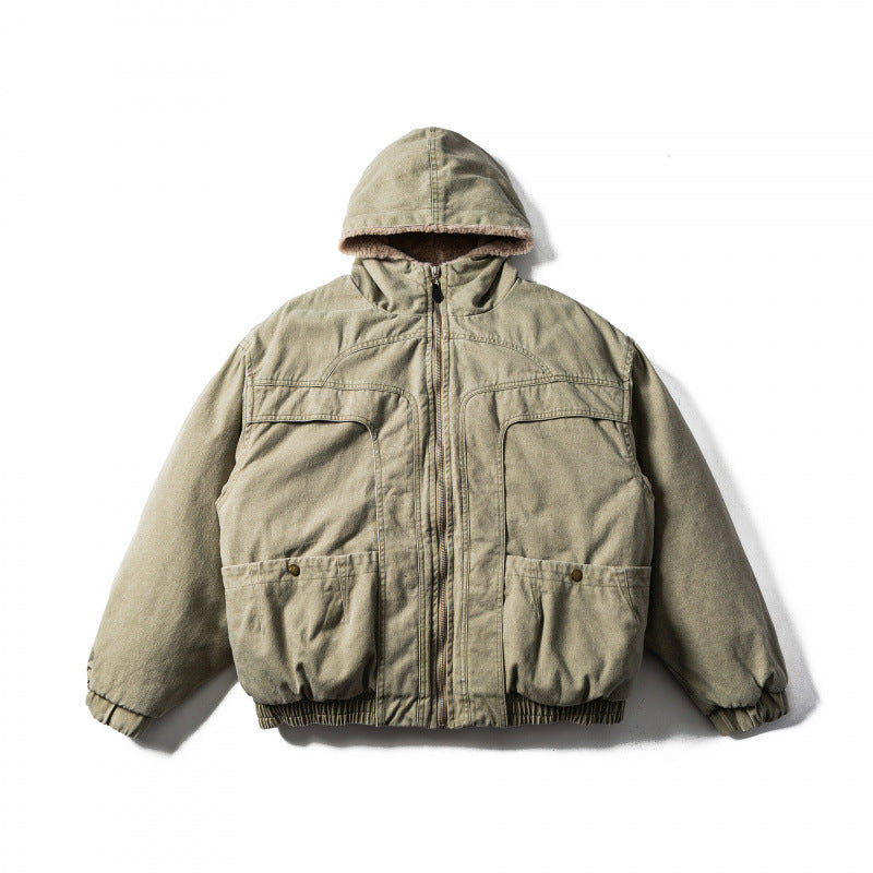 Unisex Boxy-Canvas-Hooded Jacket with Teddy Lining and Utility Pockets Fashion Glam
