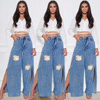Women's high-cut jeans with wide leg, knee rips, and side leg slits Fashion Glam