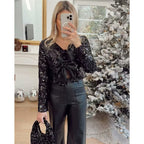 Ladies Short Cut Sequin Jacket with Double Tied Satin Bows Fashion Glam