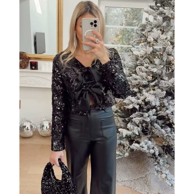 Ladies Short Cut Sequin Jacket with Double Tied Satin Bows Fashion Glam