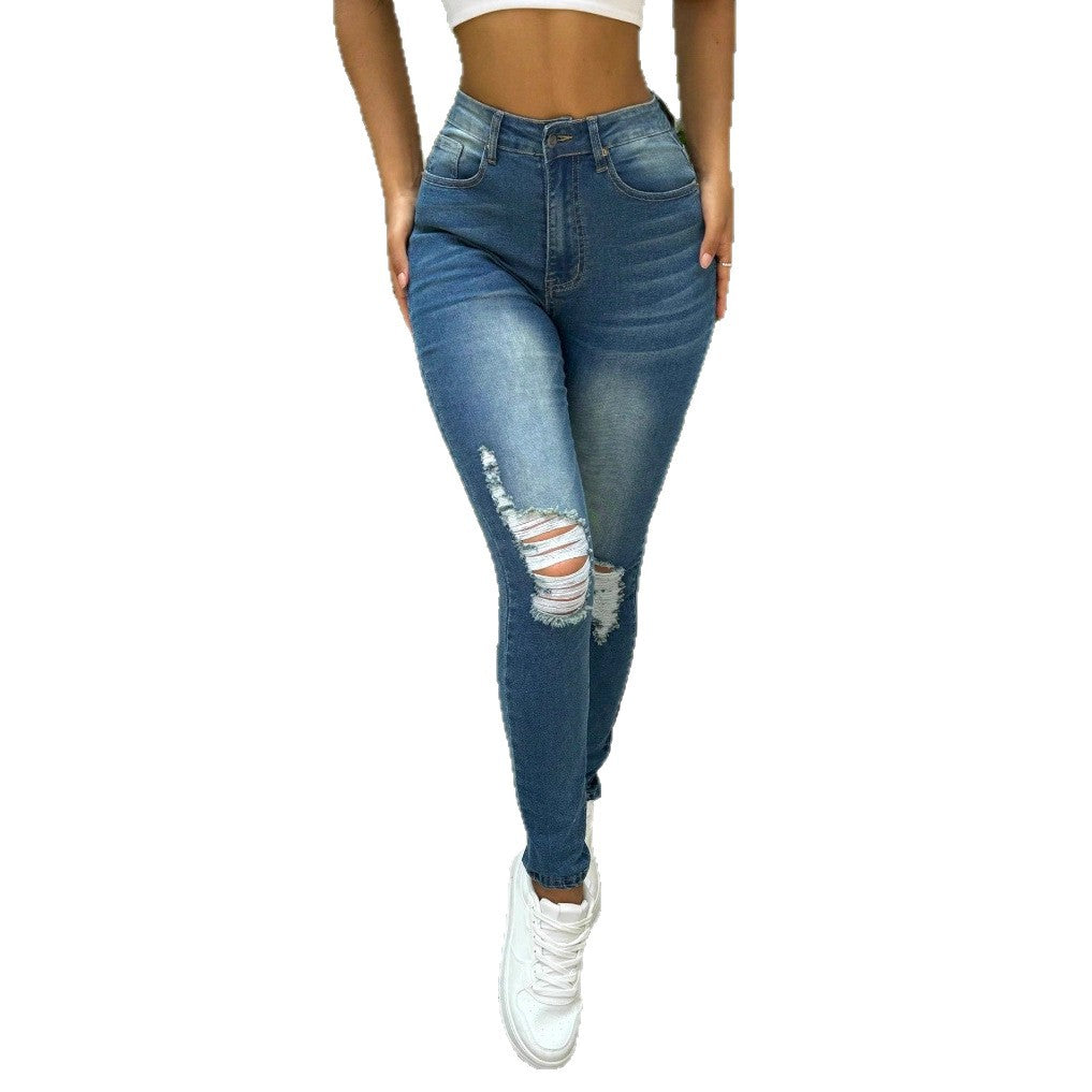 Women's High-Waist Sculpting Skinny Jeans with Asymmetrical Knee Rips and Shaping Comfort Waistband Fashion Glam