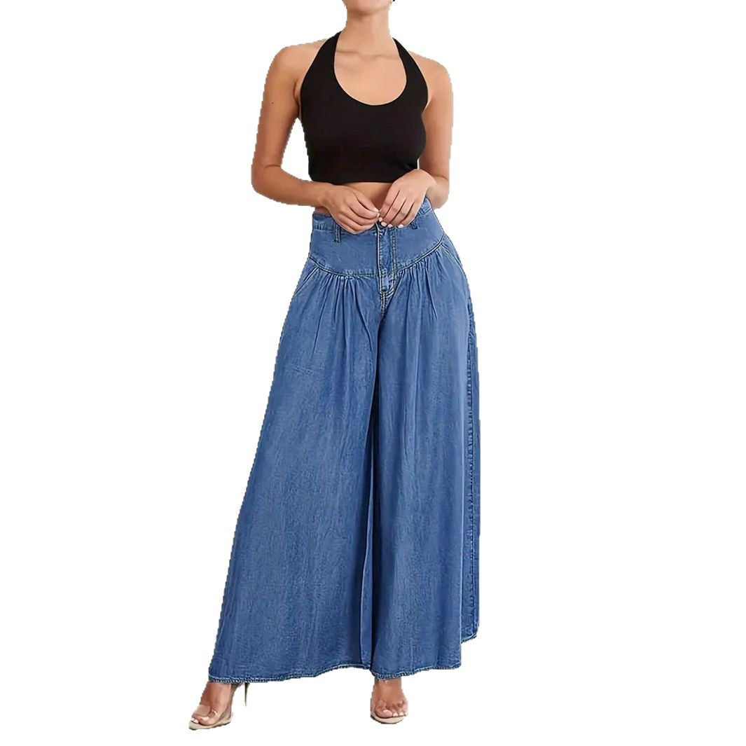 Women High-Waisted Denim Palazzo Pants with Gathered Box Pleat and Extra Wide Leg Fashion Glam