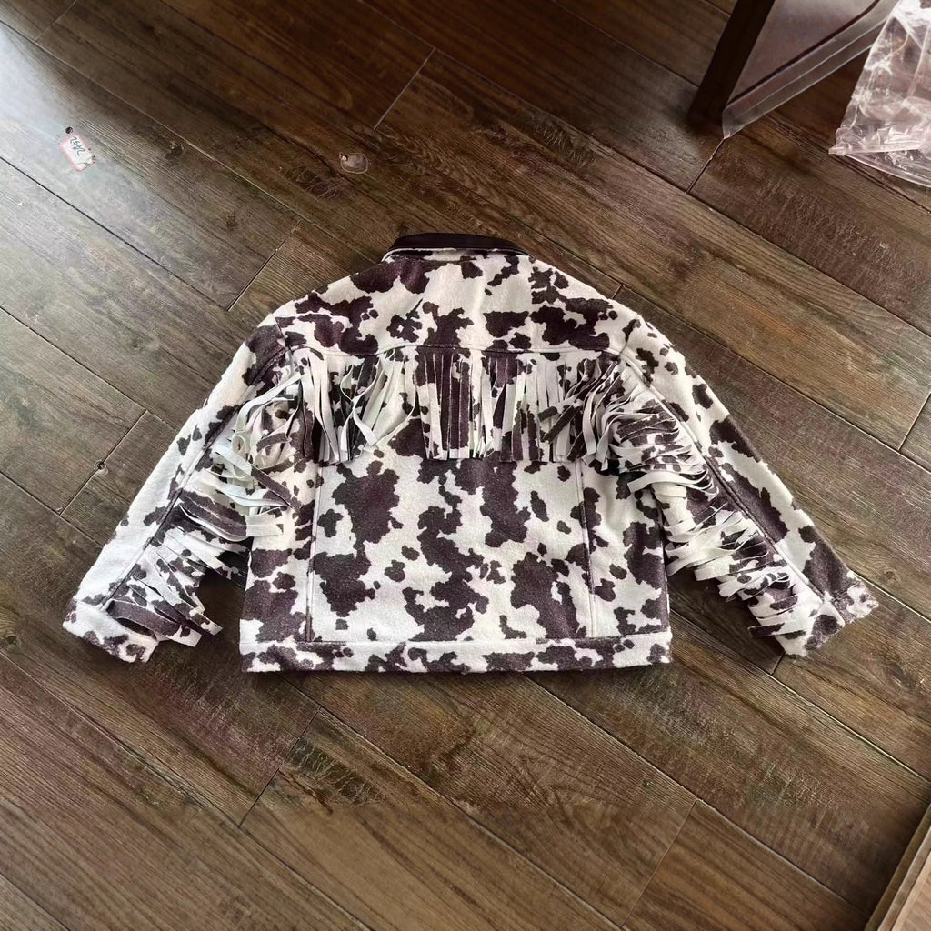 Women’s teddy trucker jacket with cow spot pattern and faux leather collar Fashion Glam